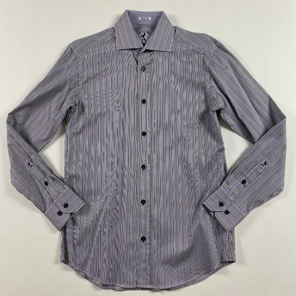 Bugatchi Shaped Fit Shirt Mens Small Purple White Stripe Cotton - Picture 1 of 11